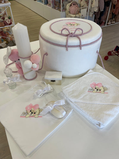Trusou de botez elegant cu cutie buretata din catifea alb
