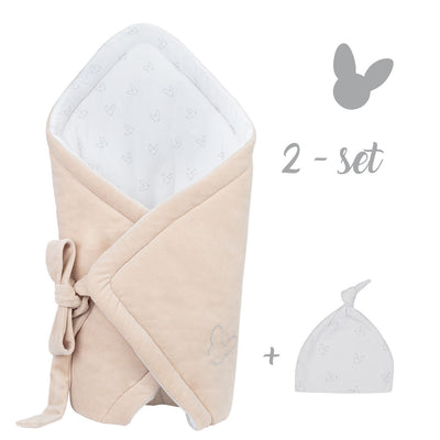 Set - sac pentru landou din catifea si caciulita - Crem - Effiki