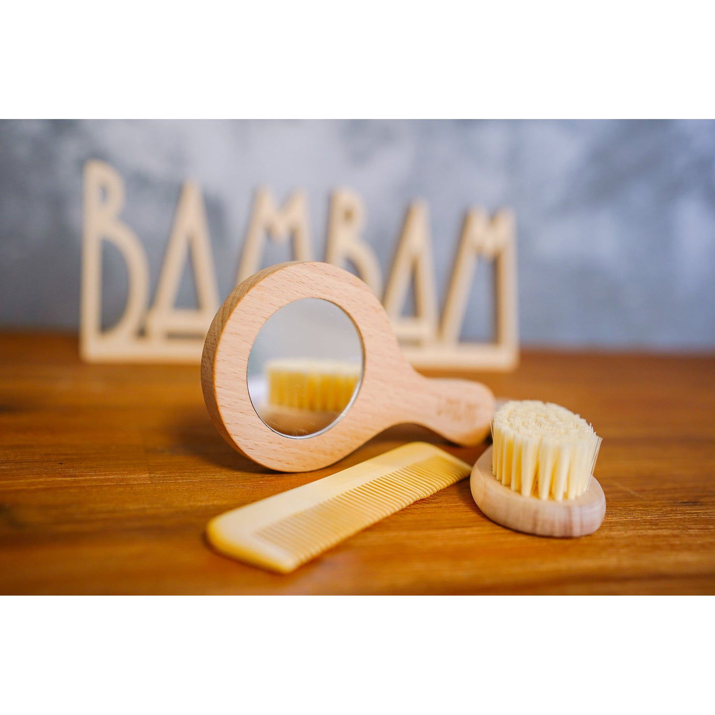 Oglinda de mana cu maner de lemn pentru copii - BamBam